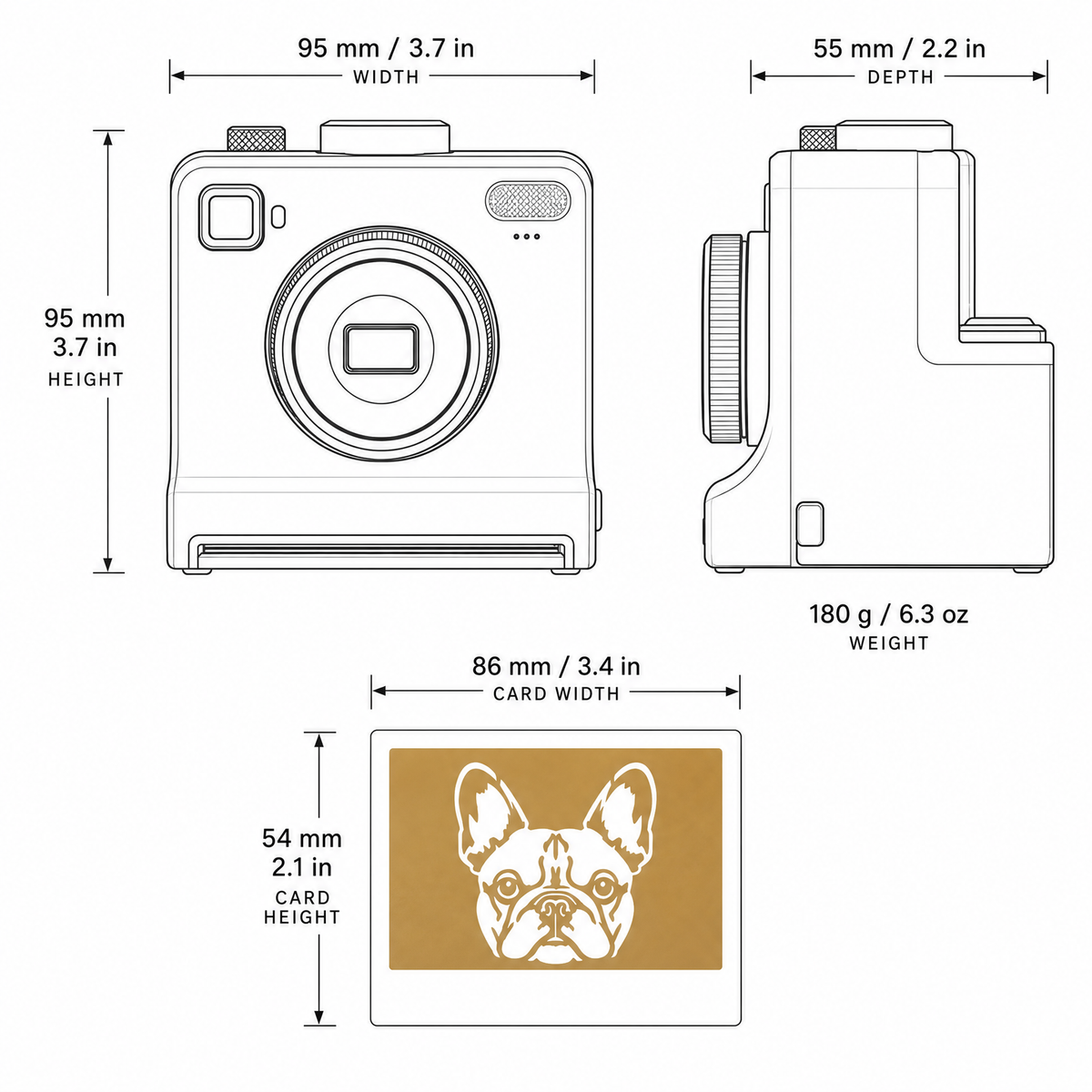 MugMuse Latte Art Maker — dimensions and card size diagram